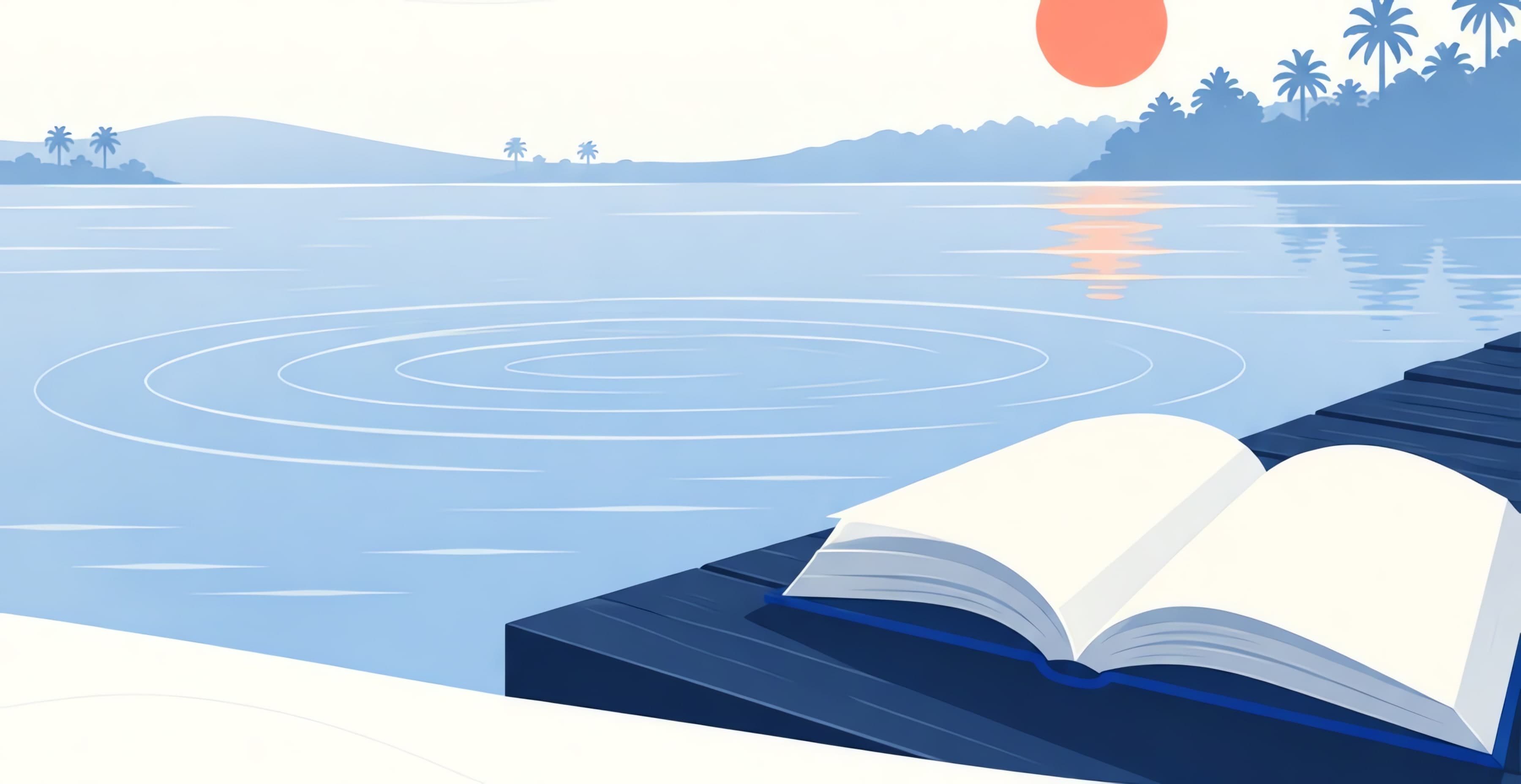 An open book on a wooden jetty by a calm lake at sunrise, palms on the far shore and a coral sun low in the sky.